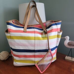 Coach F28523 Hadley Multicolor Canvas Stripe Tan Leather Tote Bag Purse
